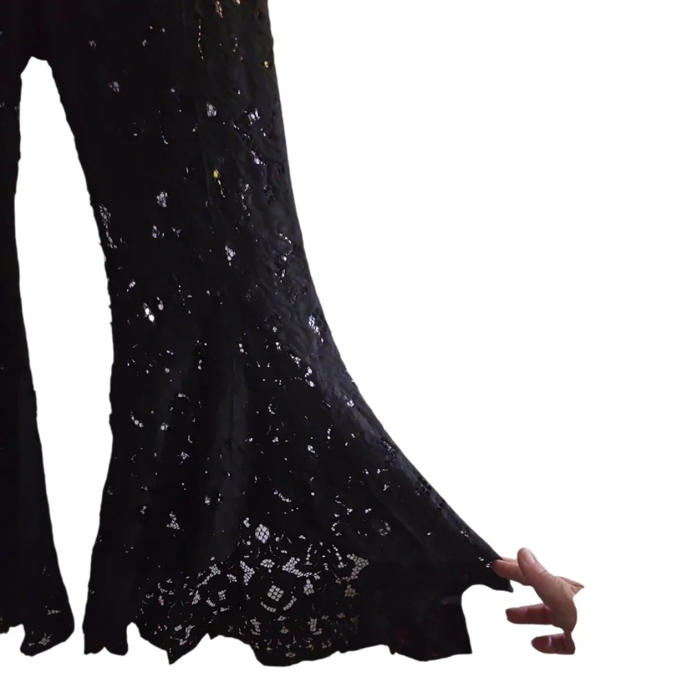 Free People Rise & Shine Black Lace Jumsuit Bell Bottom Flare Leg 2 Open Back - Picture 5 of 8